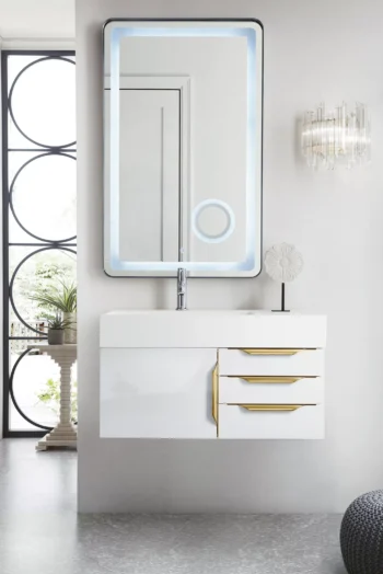 Mercer Island 36" Single Vanity, Glossy White, Radiant Gold w/ Glossy White Composite Stone Top - Image 2