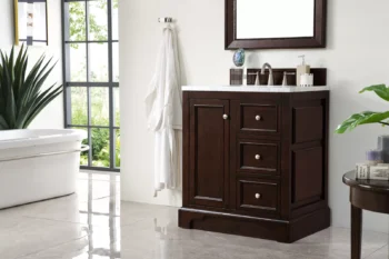 De Soto 30" Single Vanity, Burnished Mahogany w/ 3 CM Carrara Marble Top - Image 6