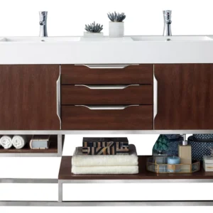 Columbia 59″ Double Vanity, Coffee Oak w/ Glossy White Composite Stone Top