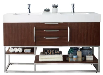 Columbia 59" Double Vanity, Coffee Oak w/ Glossy White Composite Stone Top