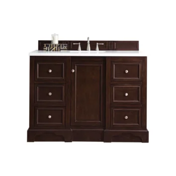 De Soto 48" Single Vanity, Burnished Mahogany w/ 3 CM White Zeus Quartz Top