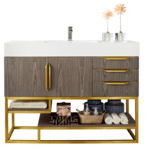 Columbia 48″ Single Vanity, Ash Gray, Radiant Gold w/ Glossy White Composite Stone Top