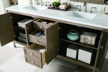Chicago 72" Double Vanity, Whitewashed Walnut w/ 3 CM Arctic Fall Solid Surface Top - Image 6