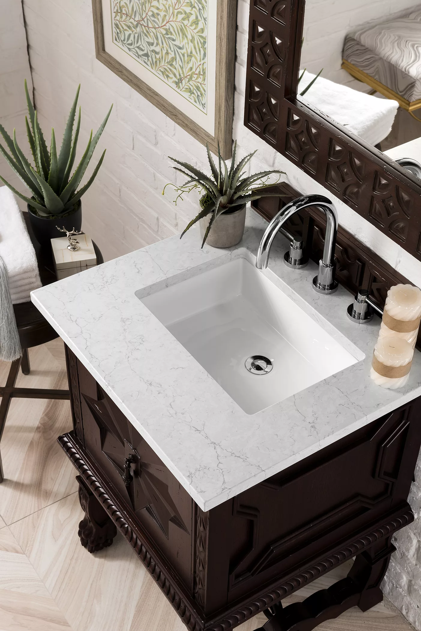 Balmoral 26" Single Vanity, Antique Walnut w/ 3 CM Eternal Jasmine Pearl Quartz Top - Image 3