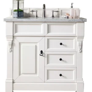 Brookfield 36″ Single Vanity, Bright White w/ 3 CM Carrara Marble Top