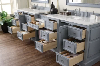 De Soto 118" Double Vanity Set, Silver Gray w/ 3 CM Arctic Fall Solid Surface Top - Image 4