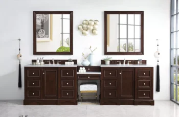 De Soto 118" Double Vanity Set, Burnished Mahogany w/ 3 CM Arctic Fall Solid Surface Top - Image 2