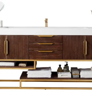 Columbia 72″ Single Vanity, Coffee Oak, Radiant Gold w/ Glossy White Composite Stone Top