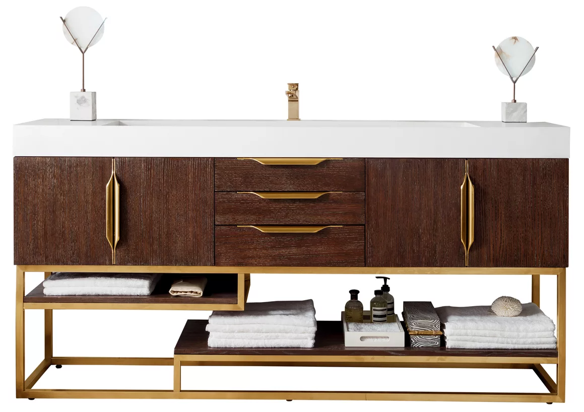 Columbia 72" Single Vanity, Coffee Oak, Radiant Gold w/ Glossy White Composite Stone Top