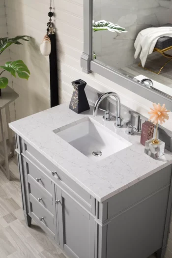Brittany 36" Single Vanity, Urban Gray w/ 3 CM Eternal Jasmine Pearl Quartz Top - Image 3