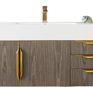 Mercer Island 48″ Single Vanity, Ash Gray, Radiant Gold w/ Glossy White Composite Stone Top