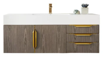 Mercer Island 48" Single Vanity, Ash Gray, Radiant Gold w/ Glossy White Composite Stone Top