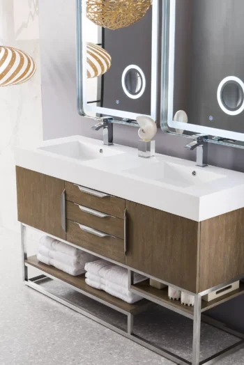 Columbia 59" Double Vanity, Latte Oak w/ Glossy White Composite Stone Top - Image 7