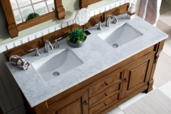 Brookfield 60" Double Vanity, Country Oak w/ 3 CM Carrara Marble Top - Image 5