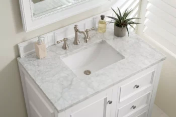 De Soto 36" Single Vanity, Bright White w/ 3 CM Carrara Marble Top - Image 3