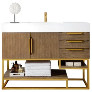 Columbia 48″ Single Vanity, Latte Oak, Radiant Gold w/ Glossy White Composite Stone Top