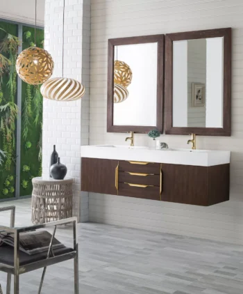 Mercer Island 59" Double Vanity, Coffee Oak, Radiant Gold w/ Glossy White Composite Stone Top - Image 3