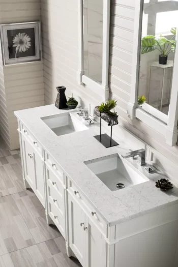 Brittany 72" Double Vanity, Bright White Vanity w/ 3 CM Eternal Jasmine Pearl Quartz Top - Image 3