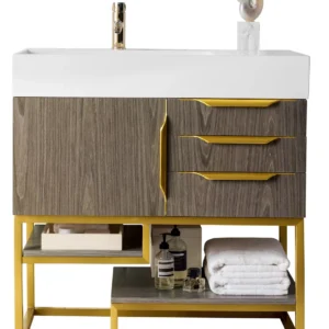Columbia 36″ Single Vanity, Ash Gray, Radiant Gold w/ Glossy White Composite Stone Top