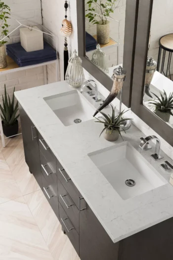 Metropolitan 60" Double Vanity, Silver Oak w/ 3 CM Eternal Jasmine Pearl Quartz Top - Image 3