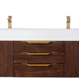 Mercer Island 72″ Double Vanity, Coffee Oak, Radiant Gold w/ Glossy White Composite Stone Top