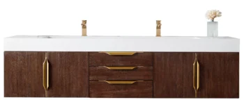 Mercer Island 72" Double Vanity, Coffee Oak, Radiant Gold w/ Glossy White Composite Stone Top