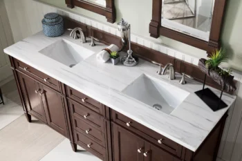 Brittany 72" Double Vanity, Burnished Mahogany w/ 3 CM Arctic Fall Solid Surface Top - Image 3