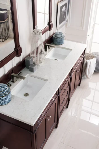 Brittany 72" Double Vanity, Burnished Mahogany w/ 3 CM Eternal Jasmine Pearl Quartz Top - Image 3