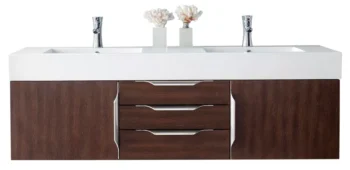 Mercer Island 59" Double Vanity, Coffee Oak w/ Glossy White Composite Stone Top