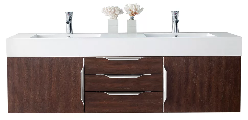 Mercer Island 59" Double Vanity, Coffee Oak w/ Glossy White Composite Stone Top