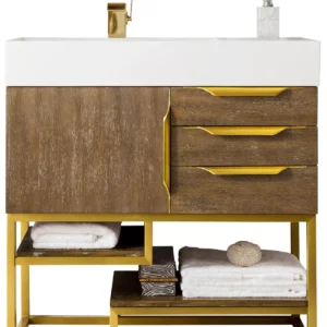 Columbia 36″ Single Vanity, Latte Oak, Radiant Gold w/ Glossy White Composite Stone Top