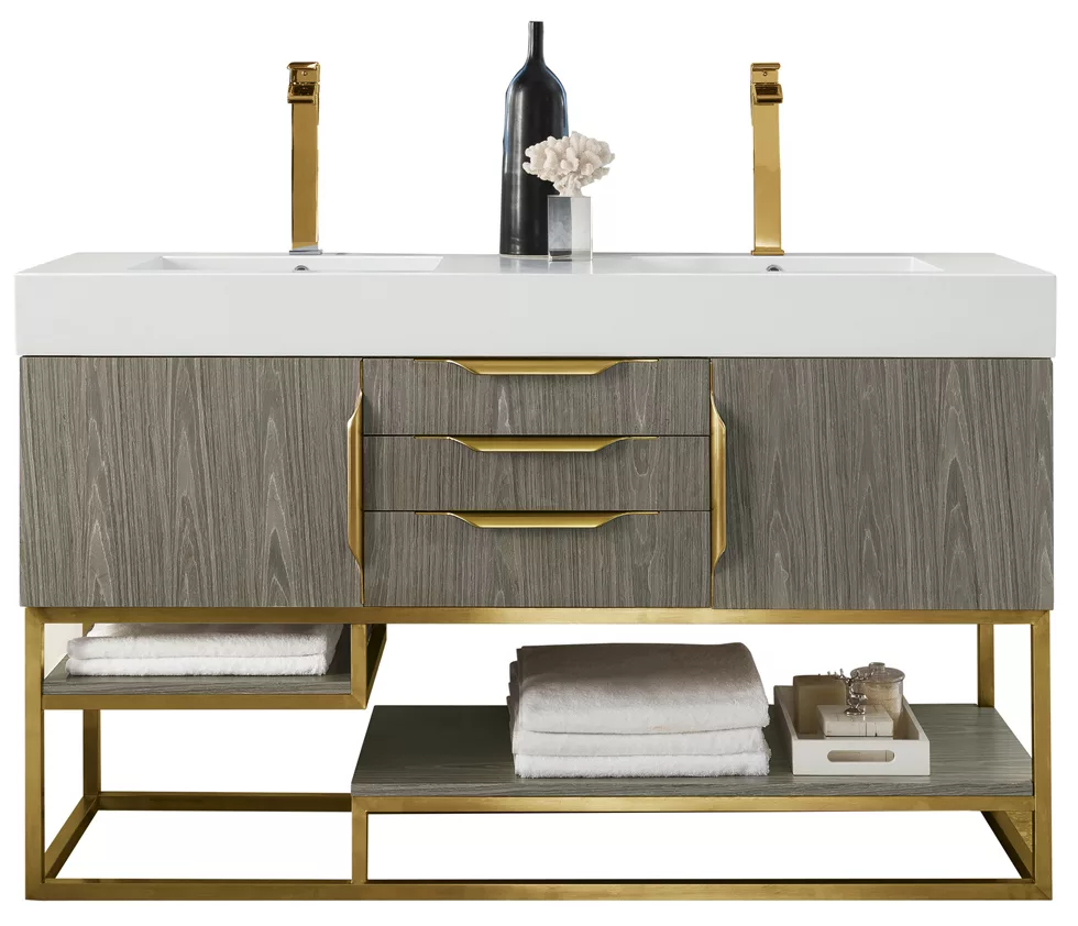 Columbia 59" Double Vanity, Ash Gray, Radiant Gold w/ Glossy White Composite Stone Top