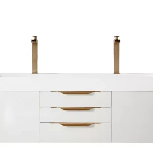 Mercer Island 72″ Double Vanity, Glossy White, Radiant Gold w/ Glossy White Composite Stone Top