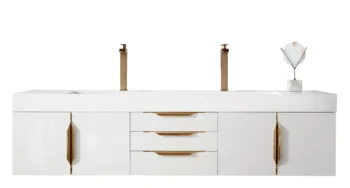 Mercer Island 72" Double Vanity, Glossy White, Radiant Gold w/ Glossy White Composite Stone Top