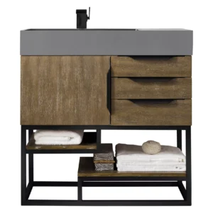 Columbia 36″ Single Vanity, Latte Oak, Matte Black w/ Dusk Grey Glossy Composite Stone Top