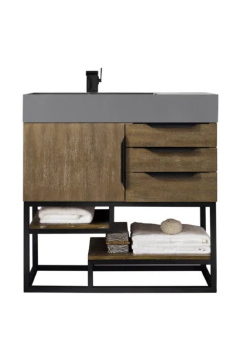 Columbia 36" Single Vanity, Latte Oak, Matte Black w/ Dusk Grey Glossy Composite Stone Top