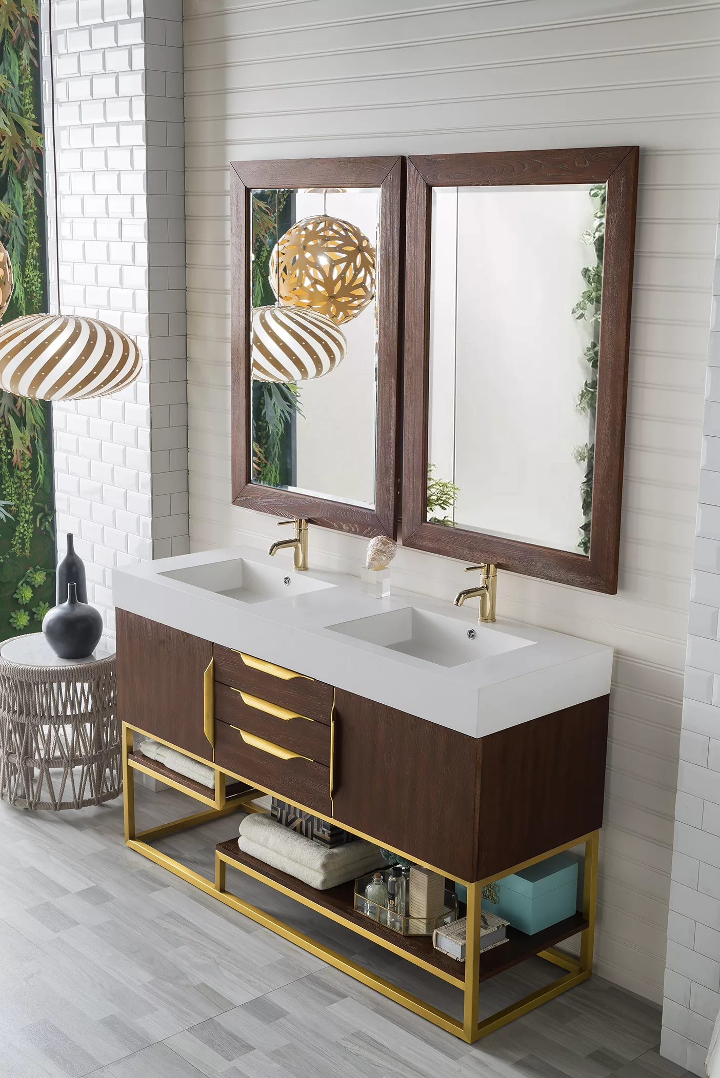 Columbia 59" Double Vanity, Coffee Oak, Radiant Gold w/ Glossy White Composite Stone Top - Image 4
