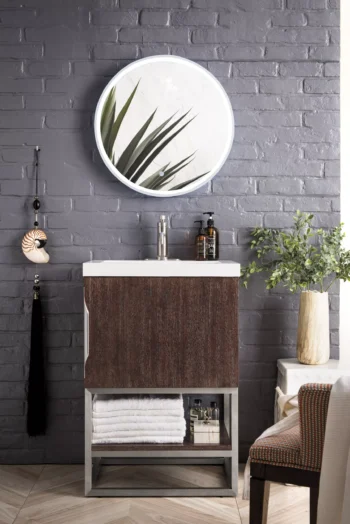 Columbia 24" Single Vanity, Coffee Oak, Brushed Nickel w/ White Glossy Composite Stone Top - Image 2