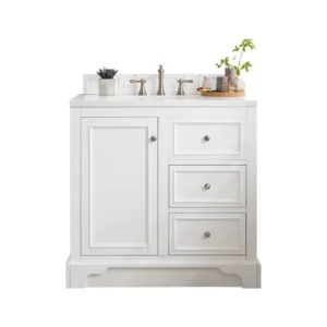 De Soto 36″ Single Vanity, Bright White w/ 3 CM Eternal Jasmine Pearl Quartz Top