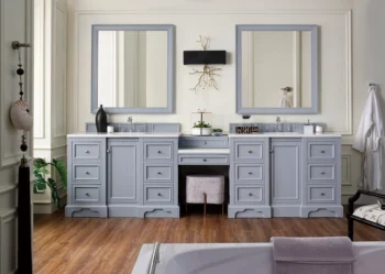 De Soto 118" Double Vanity Set, Silver Gray w/ 3 CM Arctic Fall Solid Surface Top - Image 2