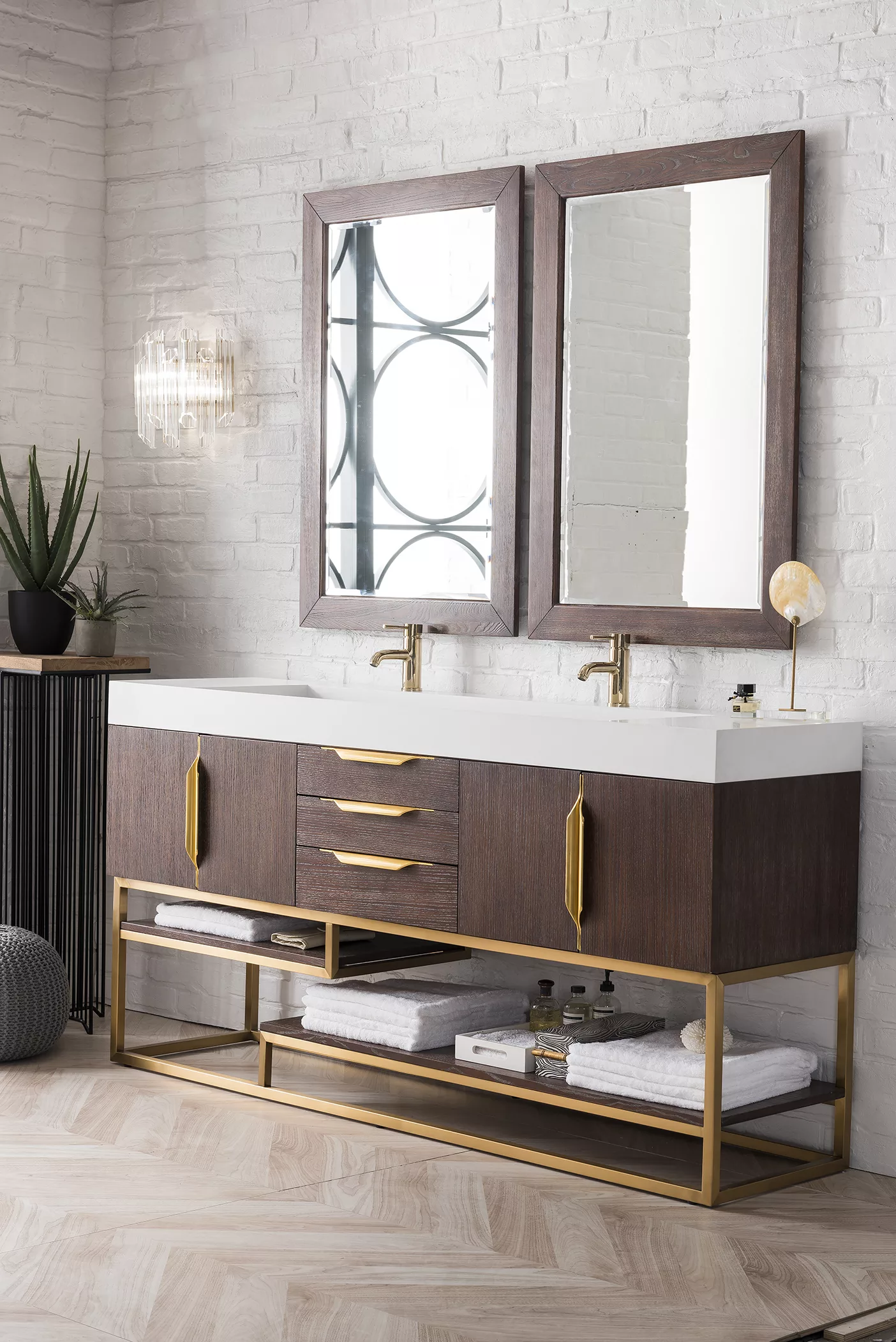 Columbia 72" Double Vanity, Coffee Oak, Radiant Gold w/ Glossy White Composite Stone Top - Image 3