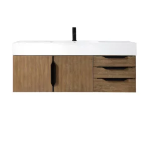 Mercer Island 48″ Single Vanity, Latte Oak, Matte Black w/ Glossy White Composite Stone Top