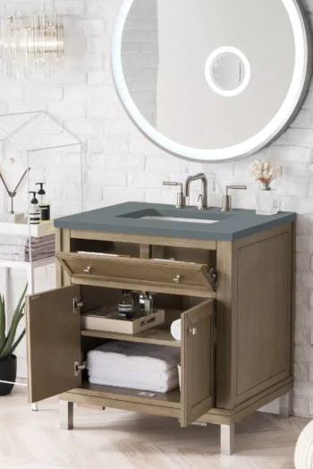 Chicago 30" Single Vanity, Whitewashed Walnut w/ 3 CM Cala Blue Top
