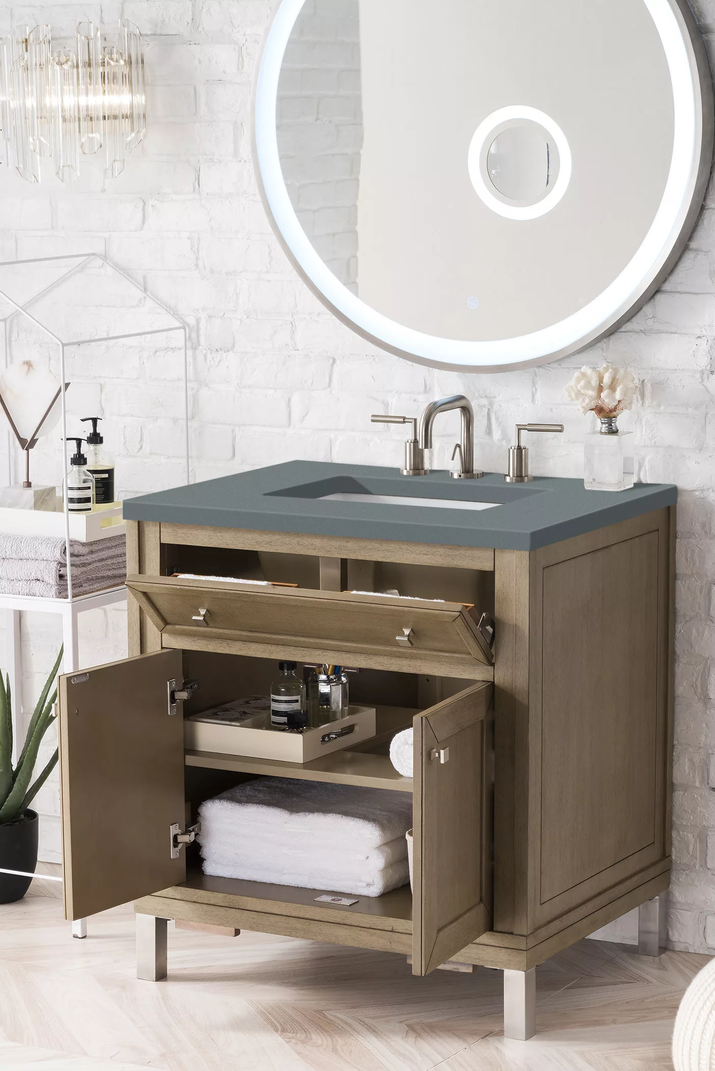 Chicago 30" Single Vanity, Whitewashed Walnut w/ 3 CM Cala Blue Top