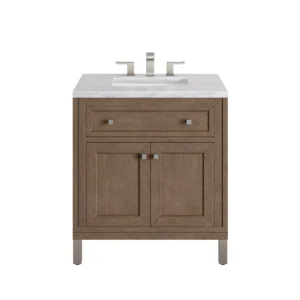 Chicago 30″ Single Vanity, Whitewashed Walnut w/ 3 CM Arctic Fall Solid Surface Top