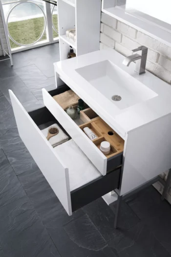 Milan 31.5" Single Vanity, Glossy White, Matte Black w/ Glossy White Composite Stone Top - Image 4