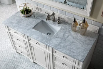 Bristol 60" Single Vanity, Bright White w/ 3 CM Carrara Marble Top - Image 3