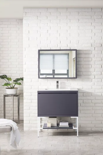 Milan 31.5" Single Vanity, Modern Gray Glossy, Glossy White w/ Glossy White Composite Stone Top - Image 2