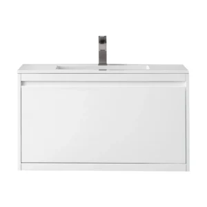 Milan 35.4″ Single Vanity, Glossy White w/ Glossy White Composite Stone Top