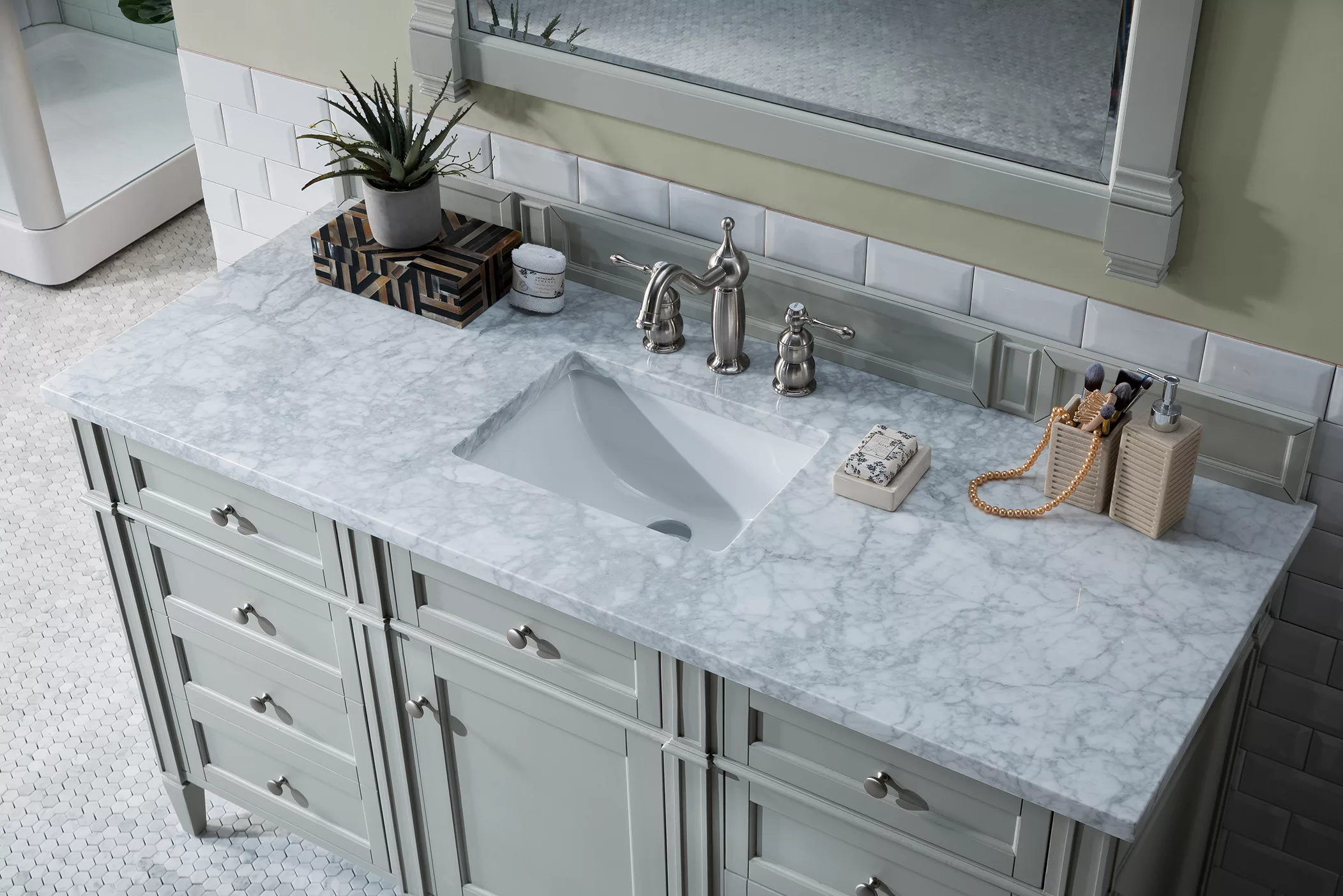 Brittany 60" Single Vanity, Urban Gray w/ 3 CM Carrara Marble Top - Image 5